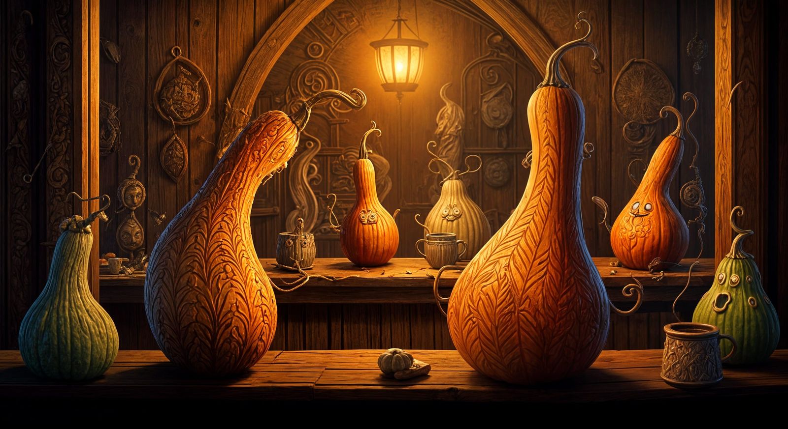 Whimsical Gourds Chatting in Autumn Bar