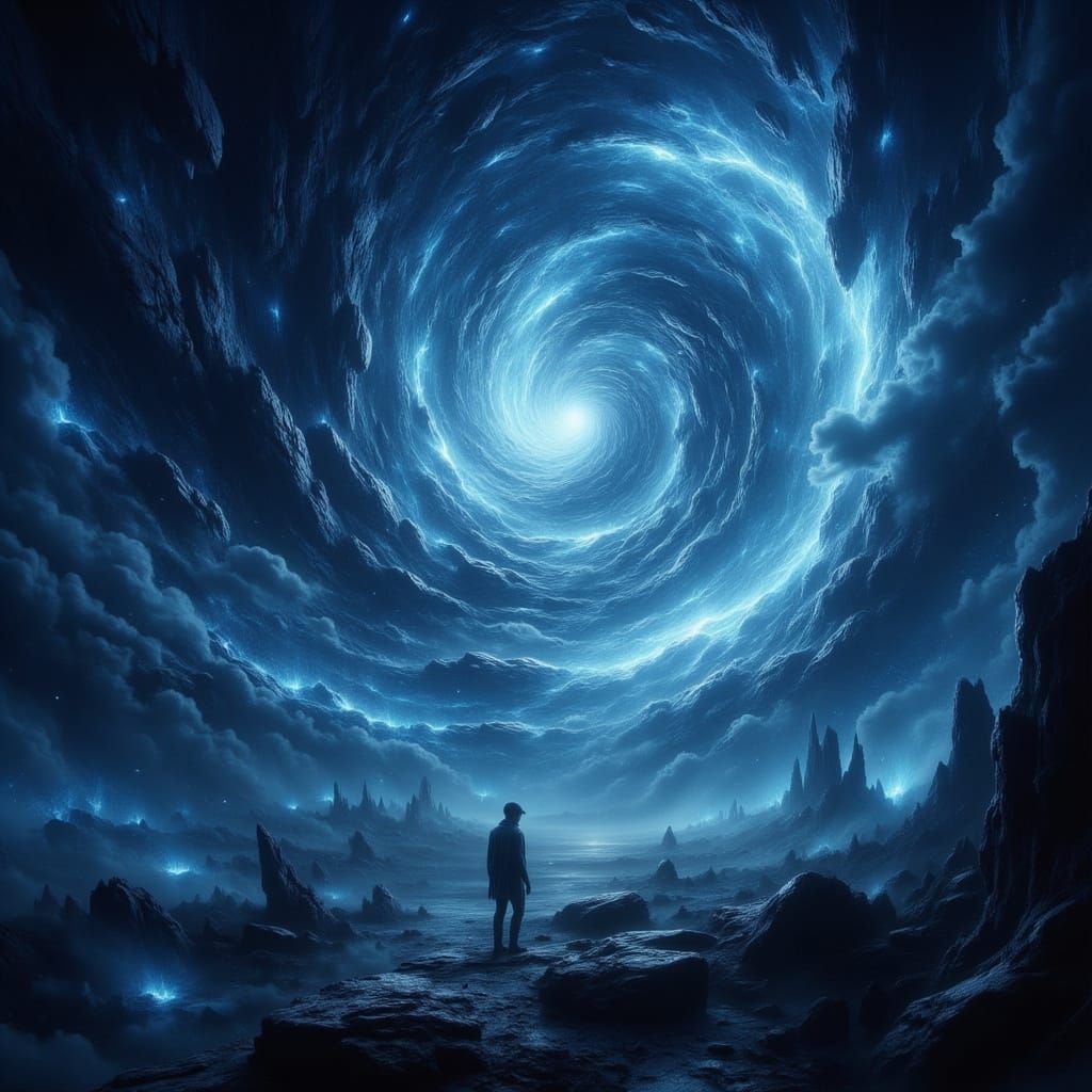 Cosmic Event Horizon with Swirling Crows and Blue Light