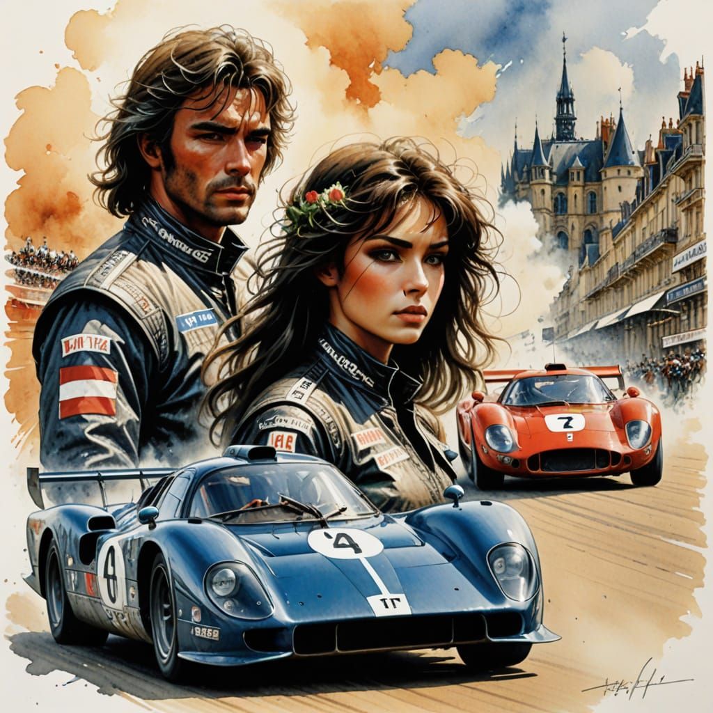 Elegant Racing Scene in a Le Mans Watercolour Style