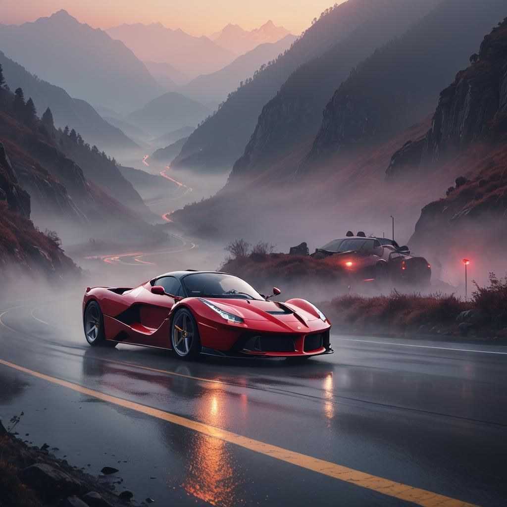 Red Ferrari LaFerrari on Misty Mountain Road