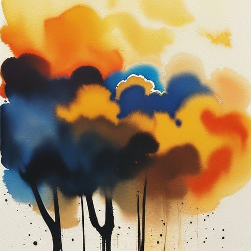 Expressionist Cloud and Sun with Vibrant Ink Splatters