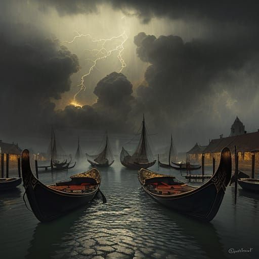 Mystical Venetian Canal Scene with Gondolas in a Thunderstor...