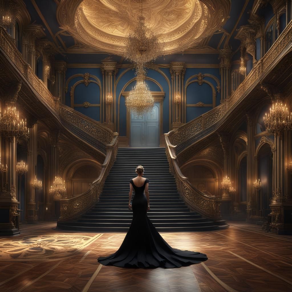 Grand Ballroom Scene with Woman in Black Dress