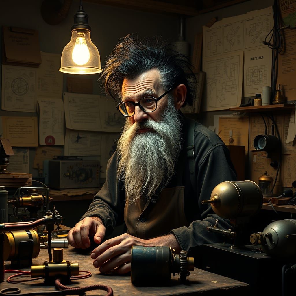 Eccentric Inventor in 1950s Workshop