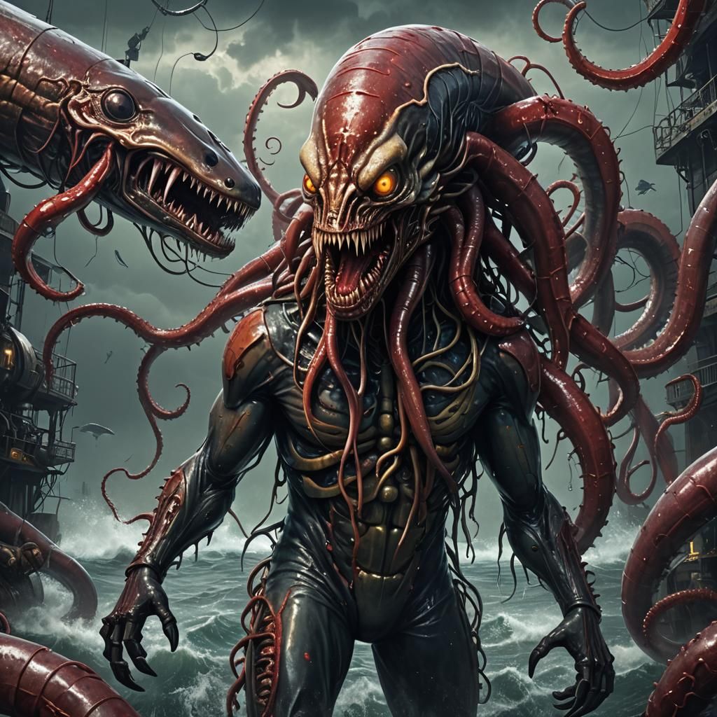 Gothic Cyberpunk Lamprey Android in Bloody Detail