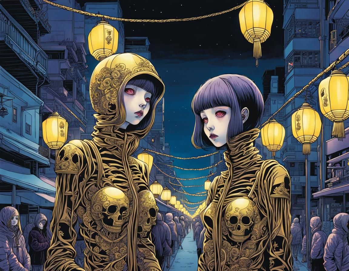 Cyberpunk Lantern Street with Skeletons and Ghouls