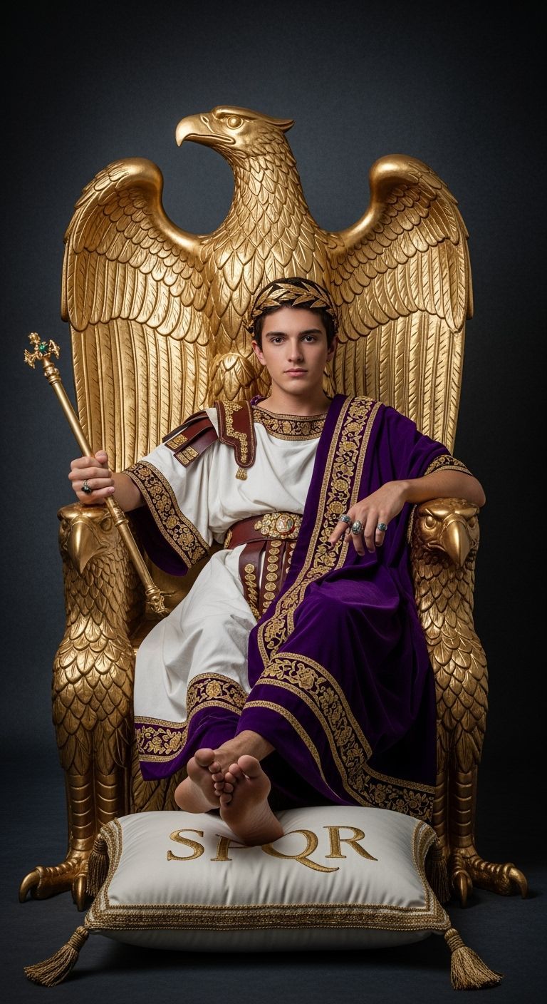 Young Emperor on Eagle Throne in Lavish Toga