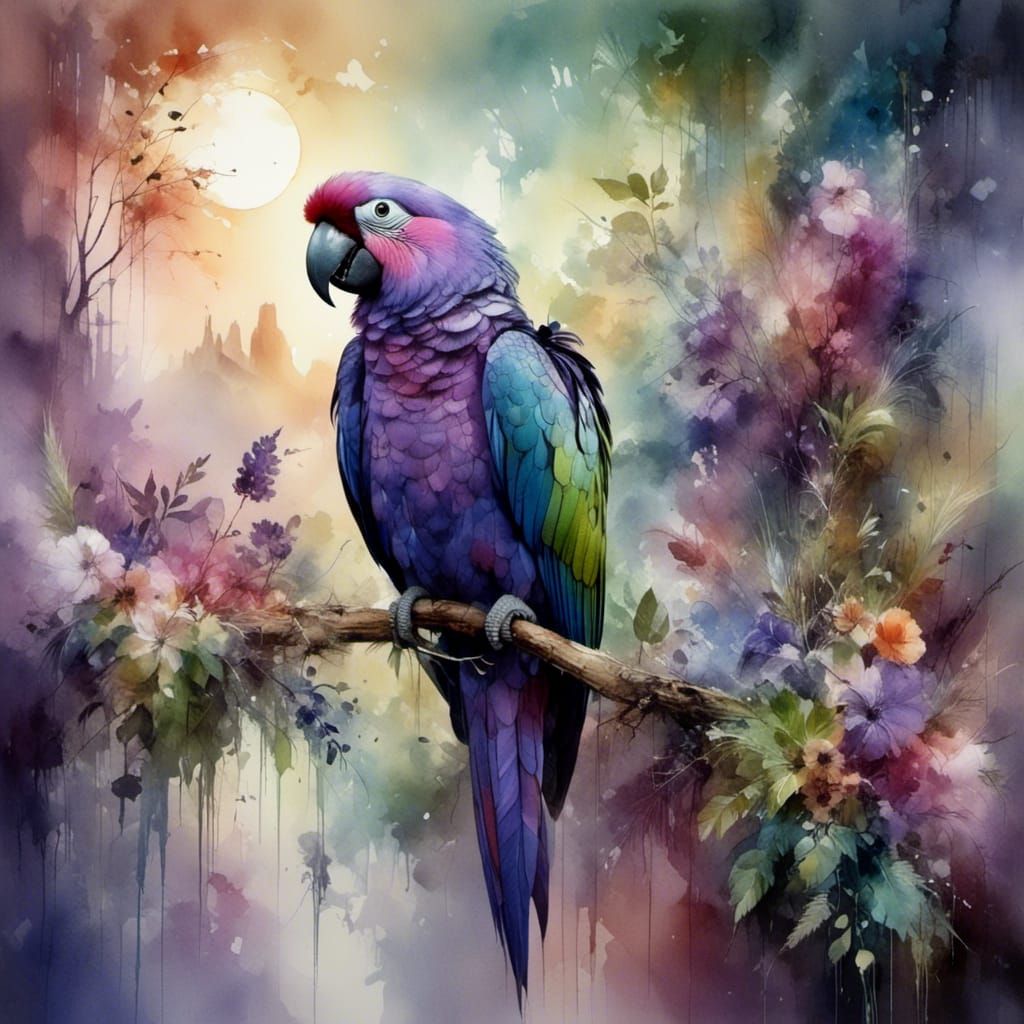 Purple Parrot in Tropical Watercolor Landscape