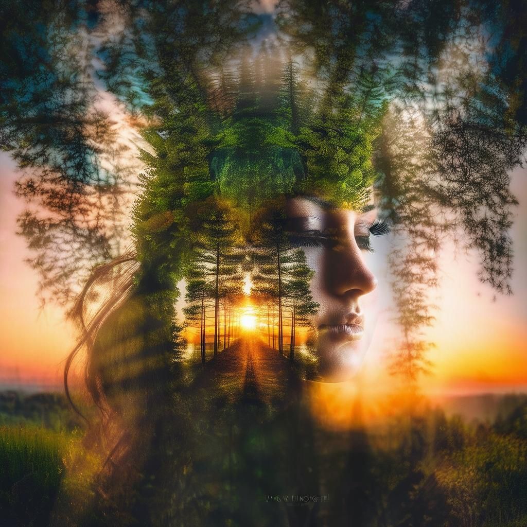 Surreal Double Exposure: Face and Nature in Harmony