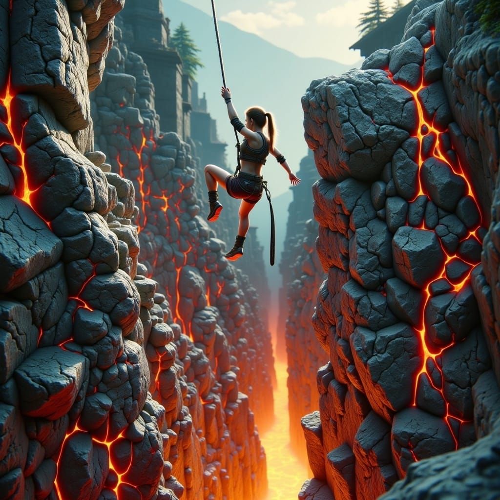 Lara Croft Swings Over Magma Ravine