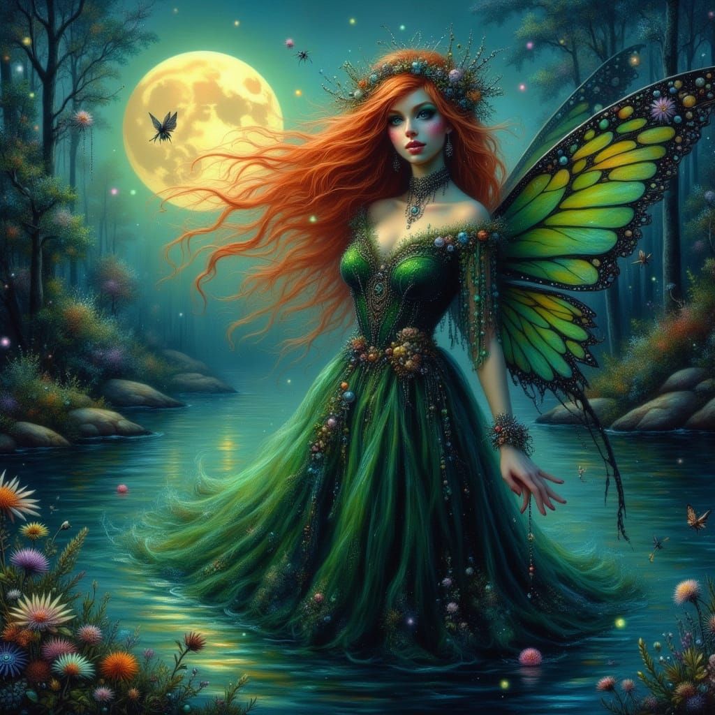 Regal Woman by Moonlit Lake in Enchanting Style