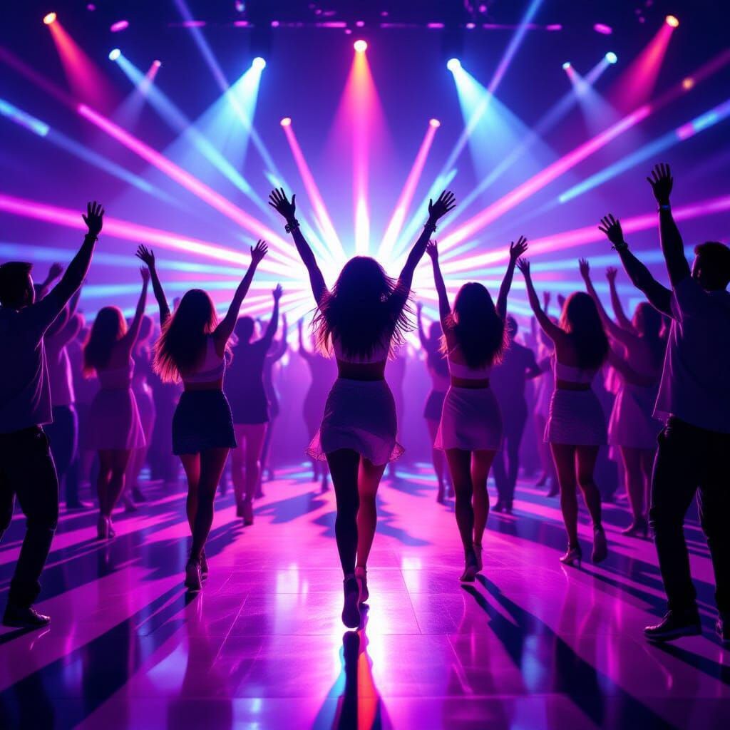 Jubilant Crowd Dancing Under Neon Lights