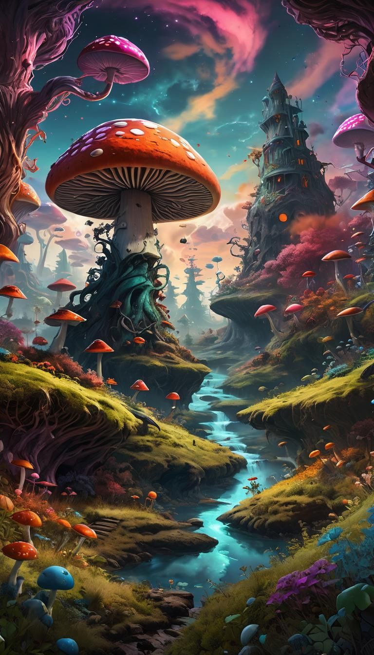 Cosmic Mushroom King in Whimsical Fantasy Landscape