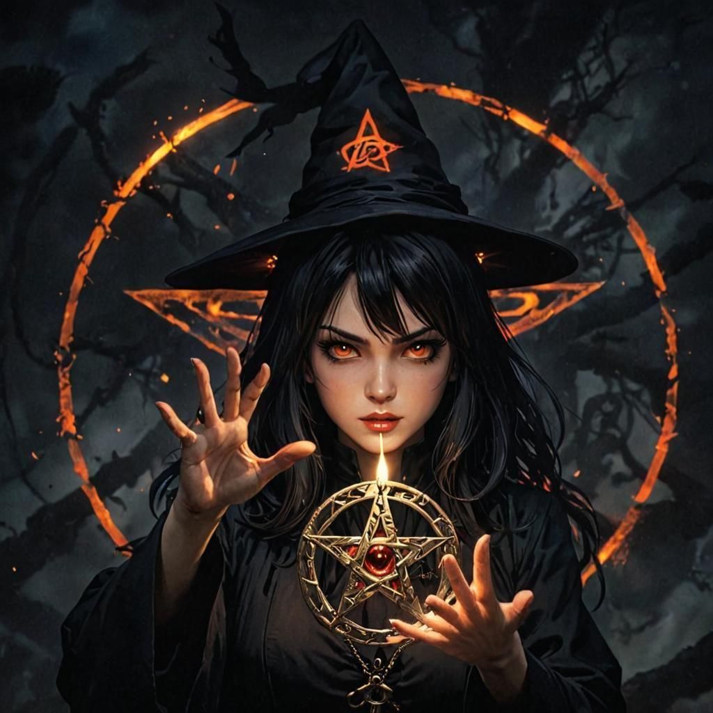 Cyberpunk Anime Witch Casting Magic Spell