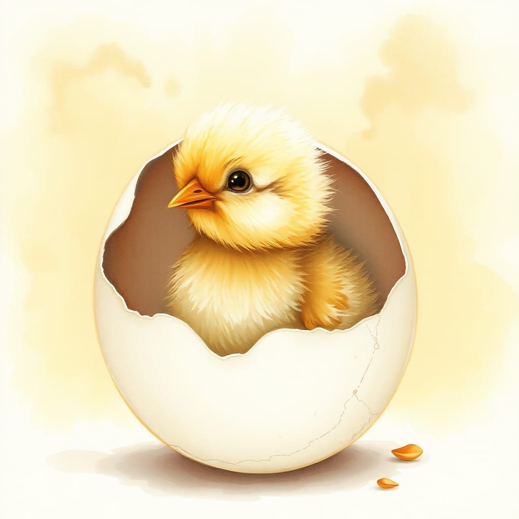 Fluffy Chick Emerges from Egg in Watercolor Style