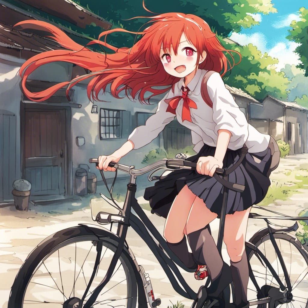 Anime Girl Rides Bicycle in Village Scene