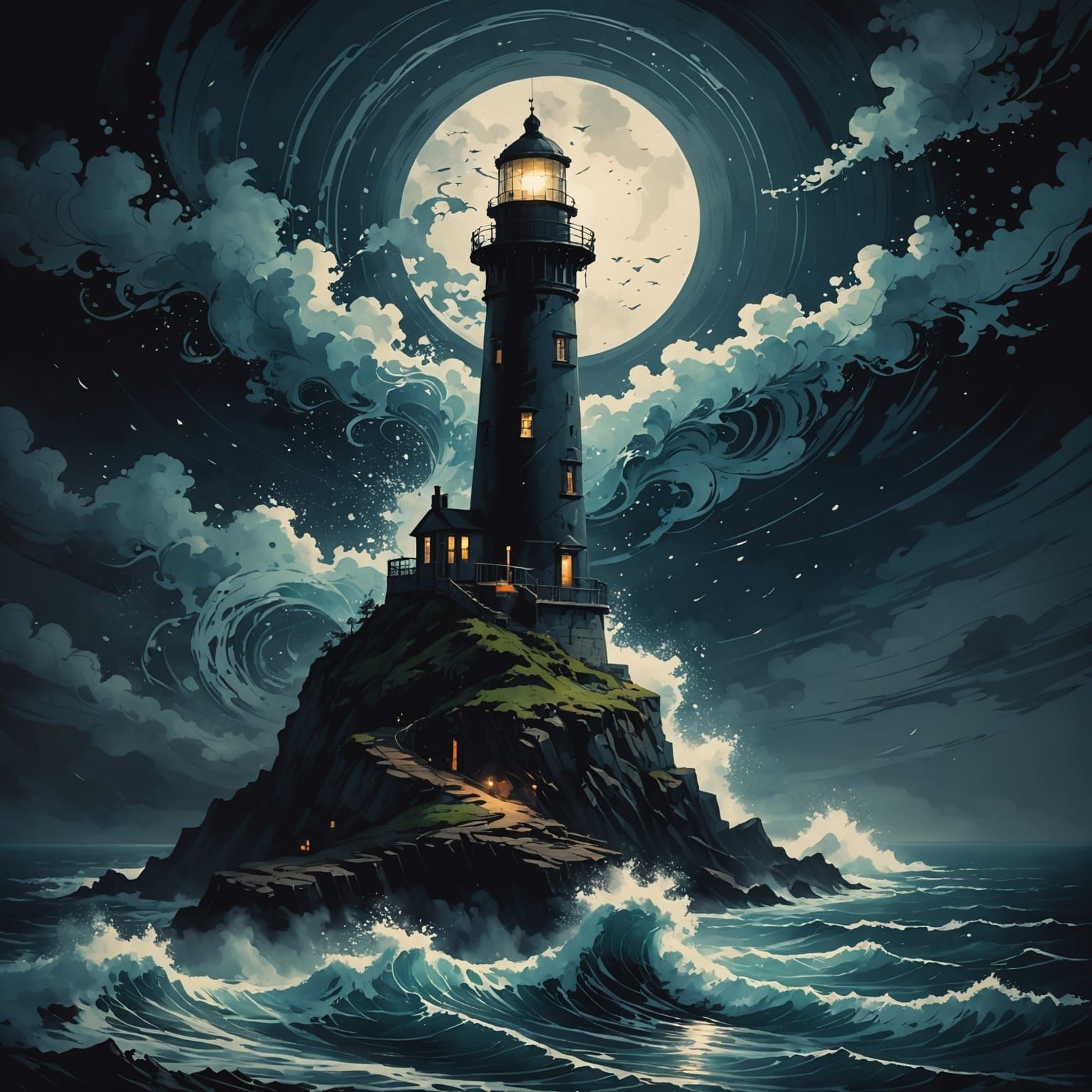 Ink-Beam Lighthouse on Paper Ocean