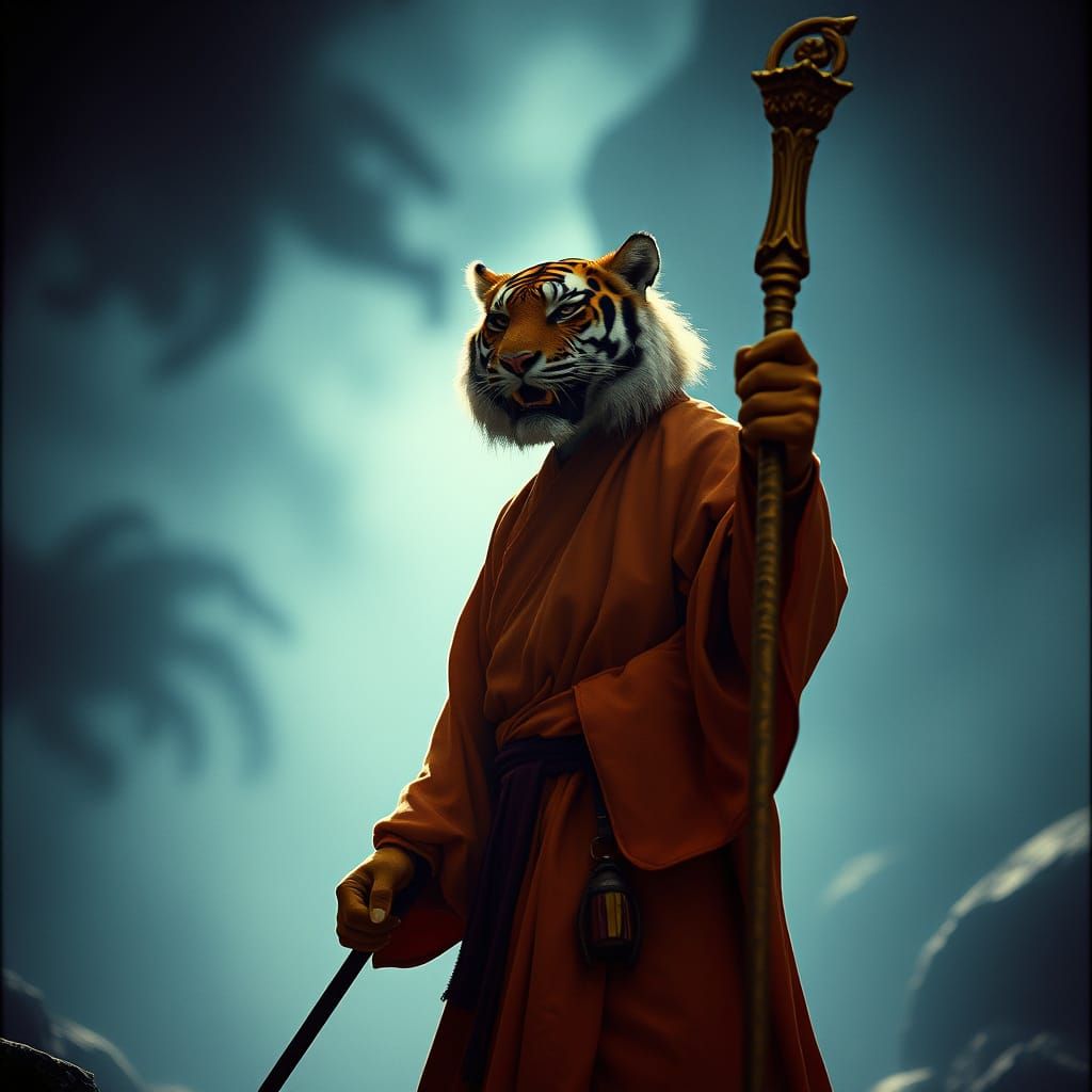 Tiger Monk in Mystical Fantasy Landscape