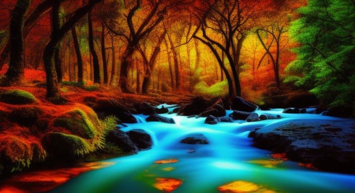 Night Forest Stream with Orange Roses in 8K