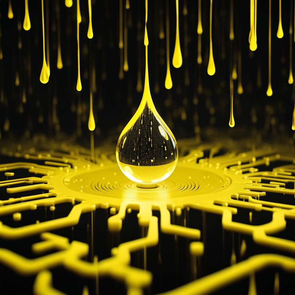 Glitched Yellow Raindrop with Digital Code