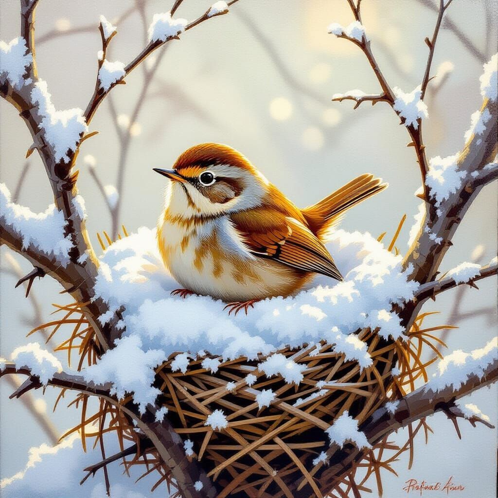 Winter Wren in Snowy Nest Oil Painting