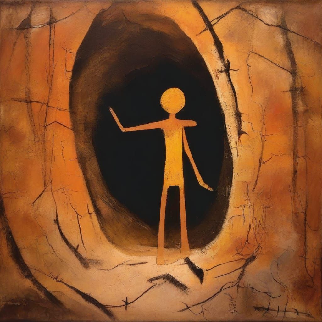 Cave Painting of Stick Figure with Sun Motif in Ancient Styl...