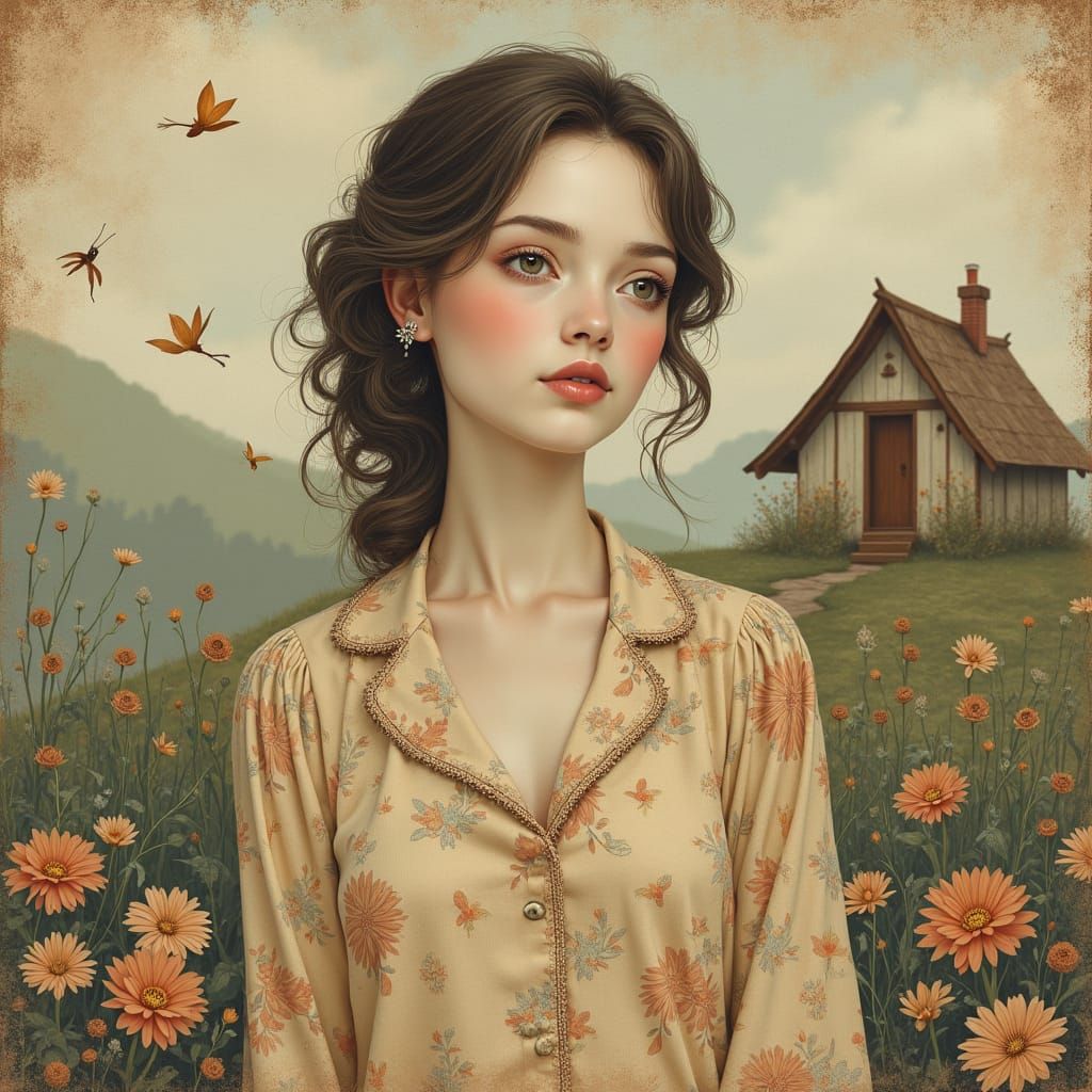 Woman in Garden with Vintage Collage Style