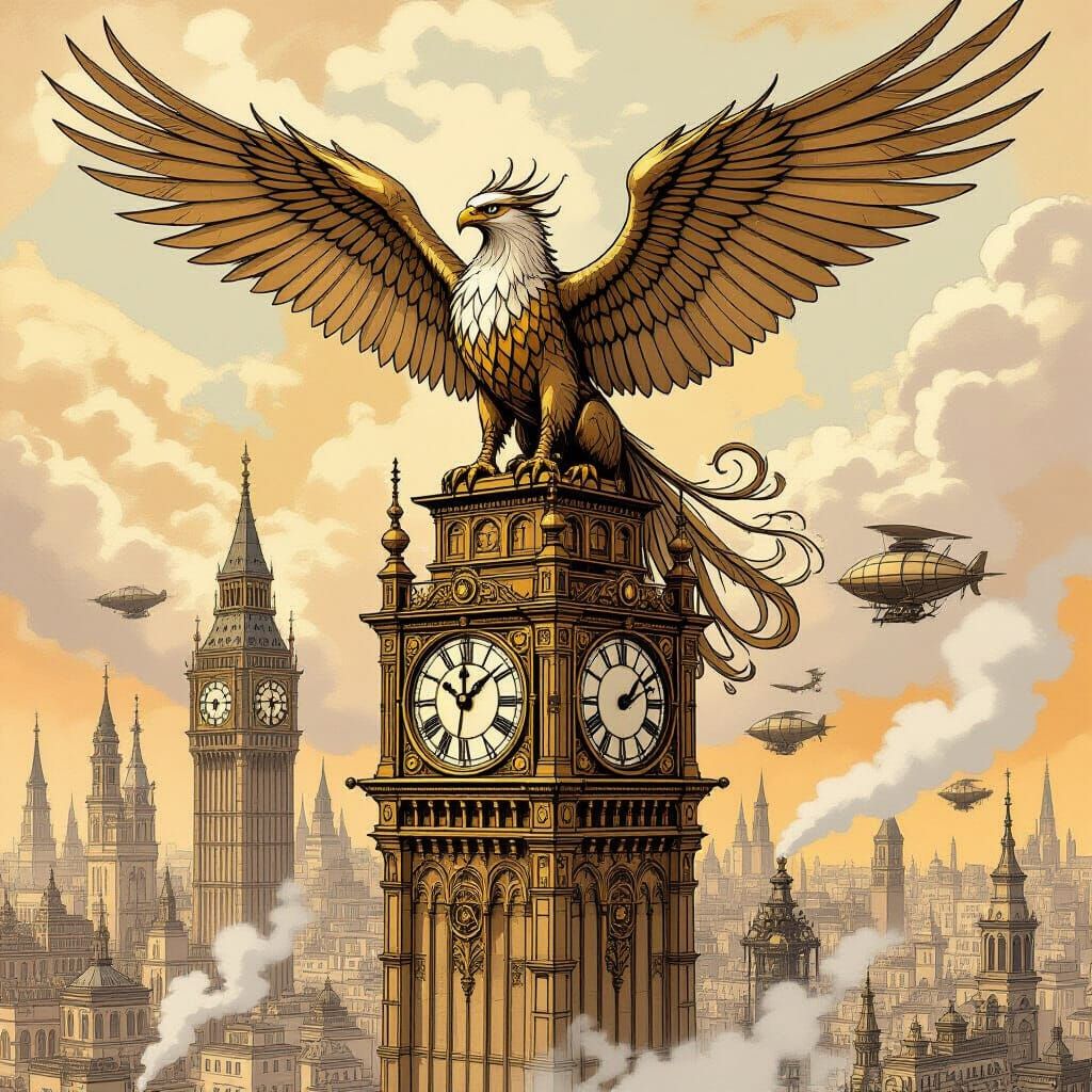 Steampunk Griffin on Clock Tower, Victorian Illustration