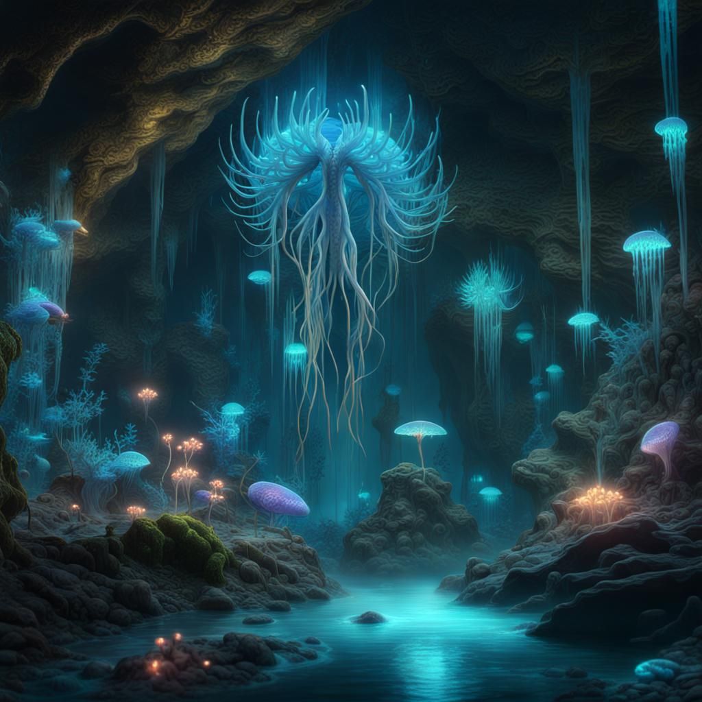 a surreal scene of bioluminescent creatures in a shimmering crystal grotto.