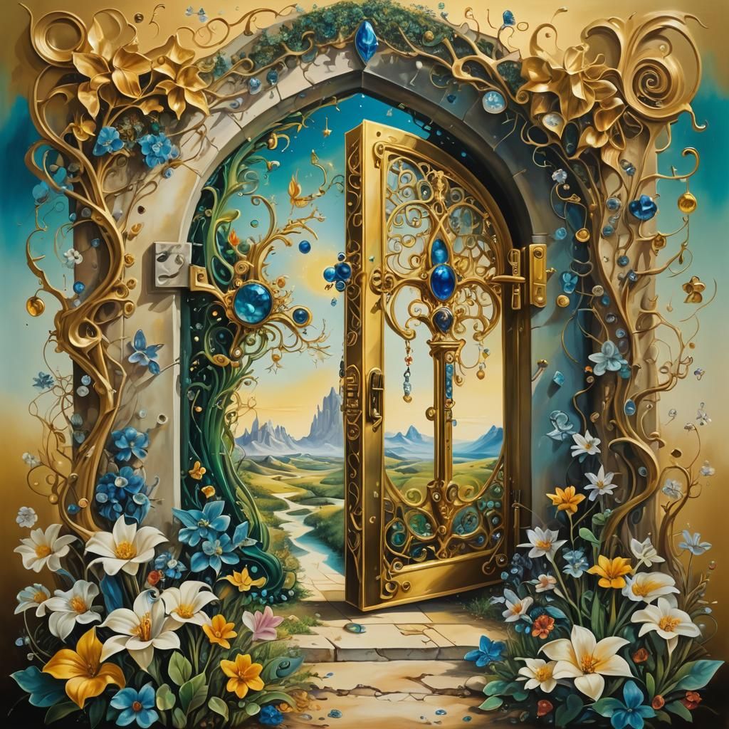 Jeweled Key Unlocks Dreamland: Surreal Oil Painting