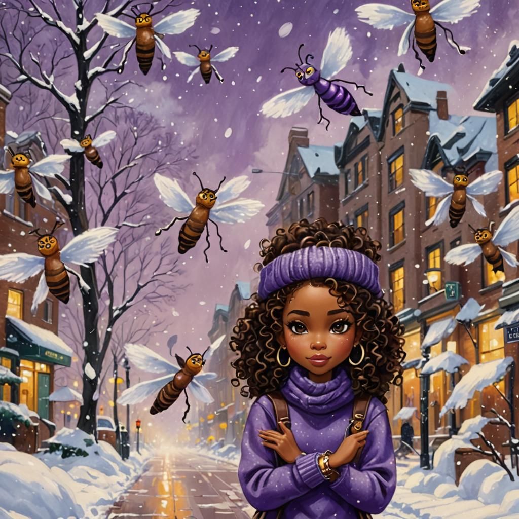 Anime-Style African-American Woman in Snowy City