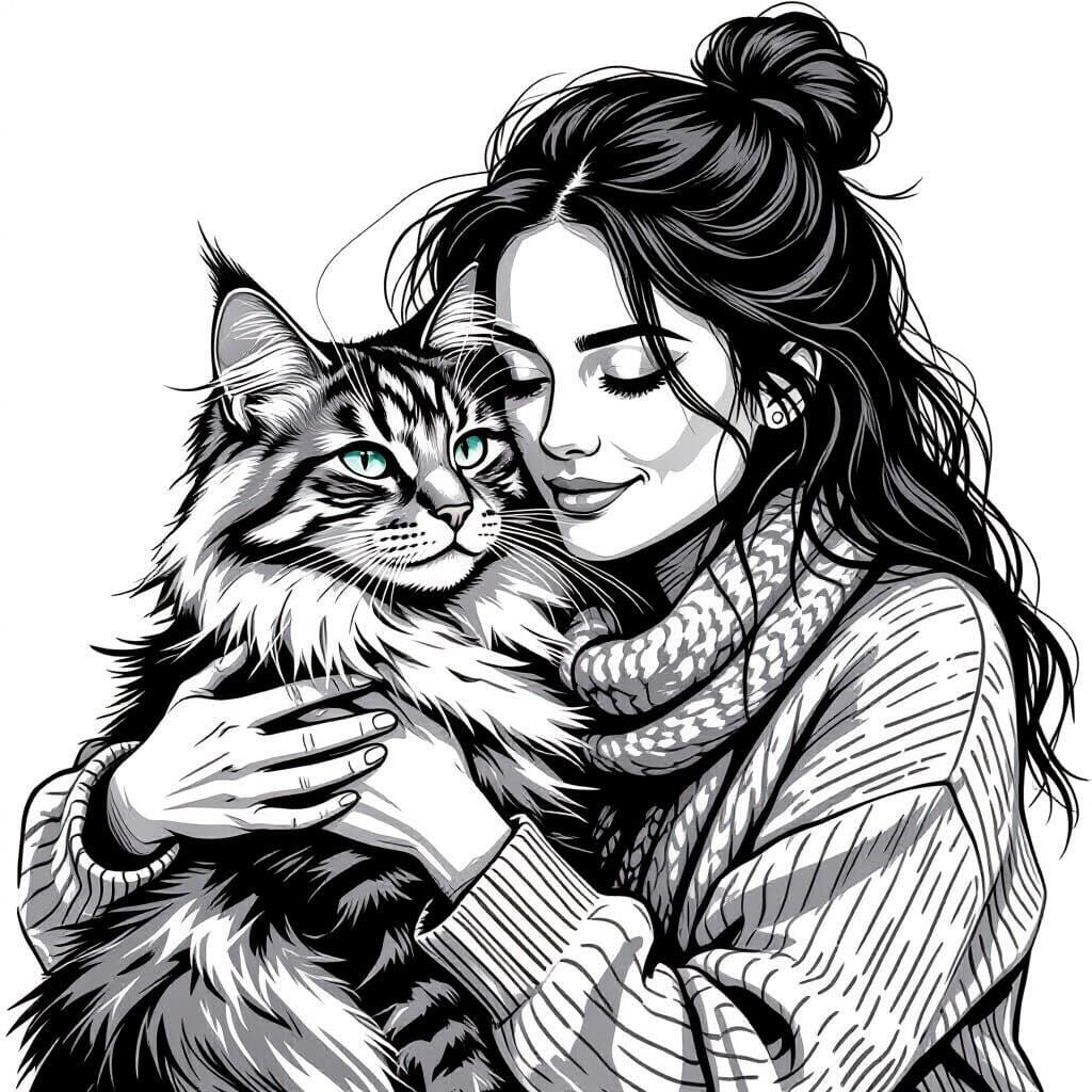 Woman and Maine Coon Cat Sketch in Hatching Style