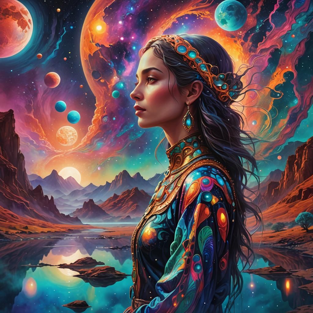 Cosmic Goddess in a Vibrant Alien Landscape