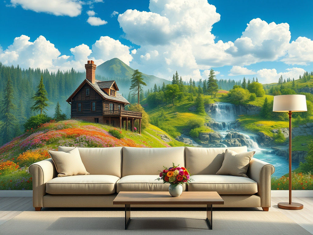 Dreamlike Living Room with Whimsical Wallpaper Scene