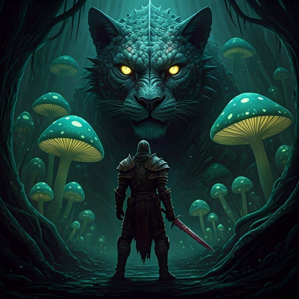 Dark Fantasy Warrior Confronts Twisted Displacer Beast in Lu...