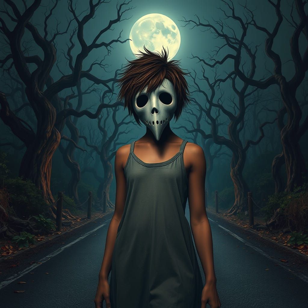 Girl in Ghostface Mask Defies the Shadows of the Moonlit Roa...