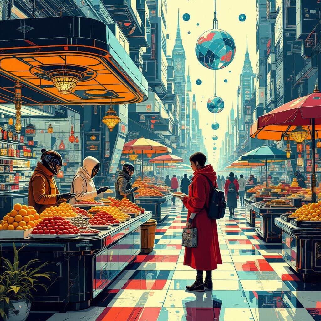 Alien Marketplace with Human Shopper in Pop Art Style