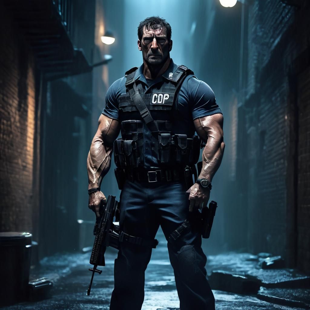 Gritty Muscle Cop in Dark Alley, Frank Miller Style