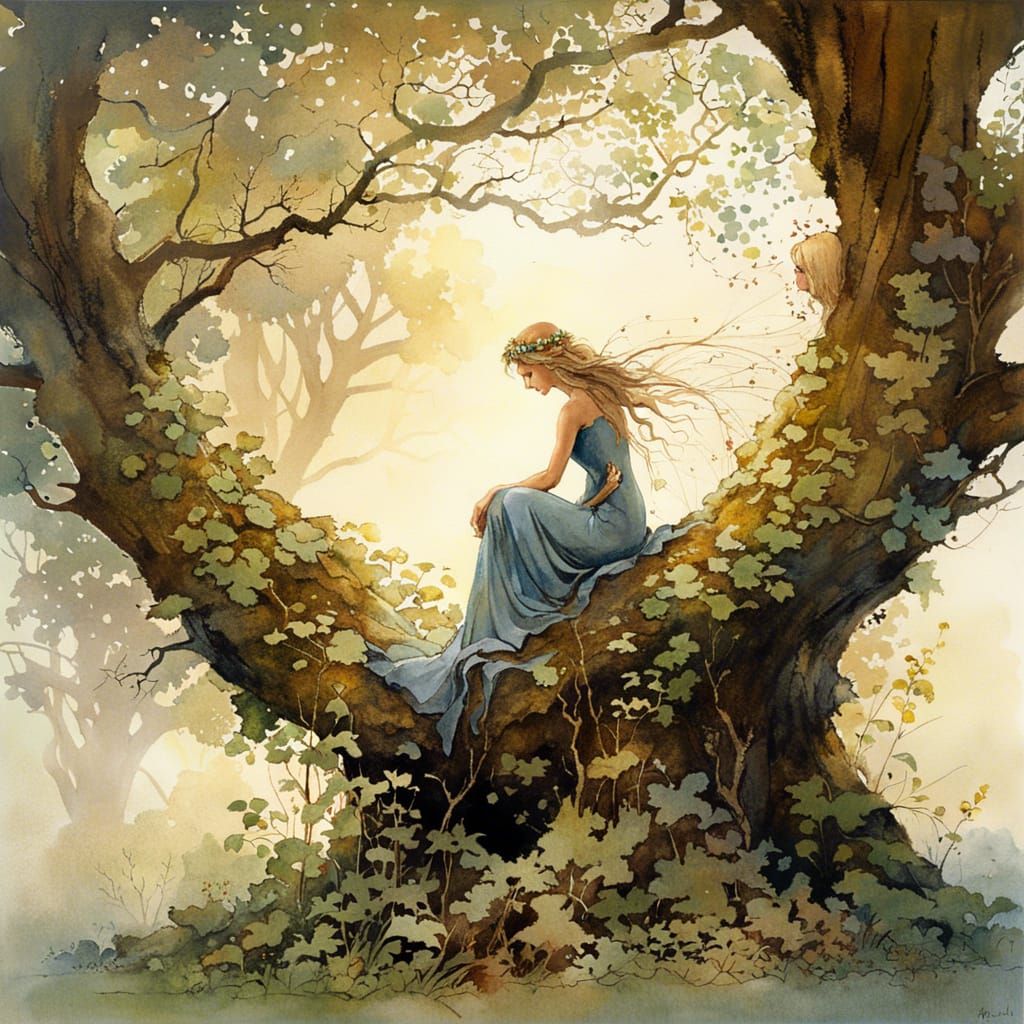 Delicate Fairy Under Oak Tree, Watercolor Style