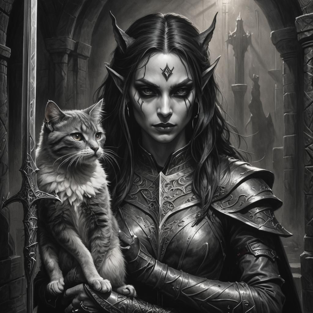 Dark Elf Woman and Cat in Dungeon, Charcoal Art