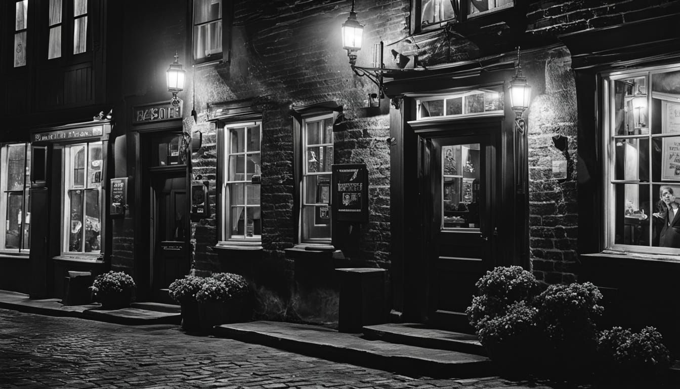 Irish Pub Door in Black and White, Cozy Atmosphere