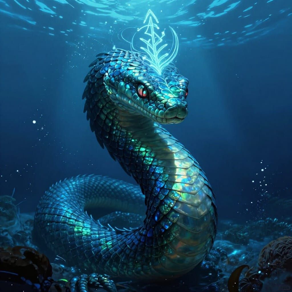 Colossal Sea Serpent with Water Rune, Oceanic Fantasy Art