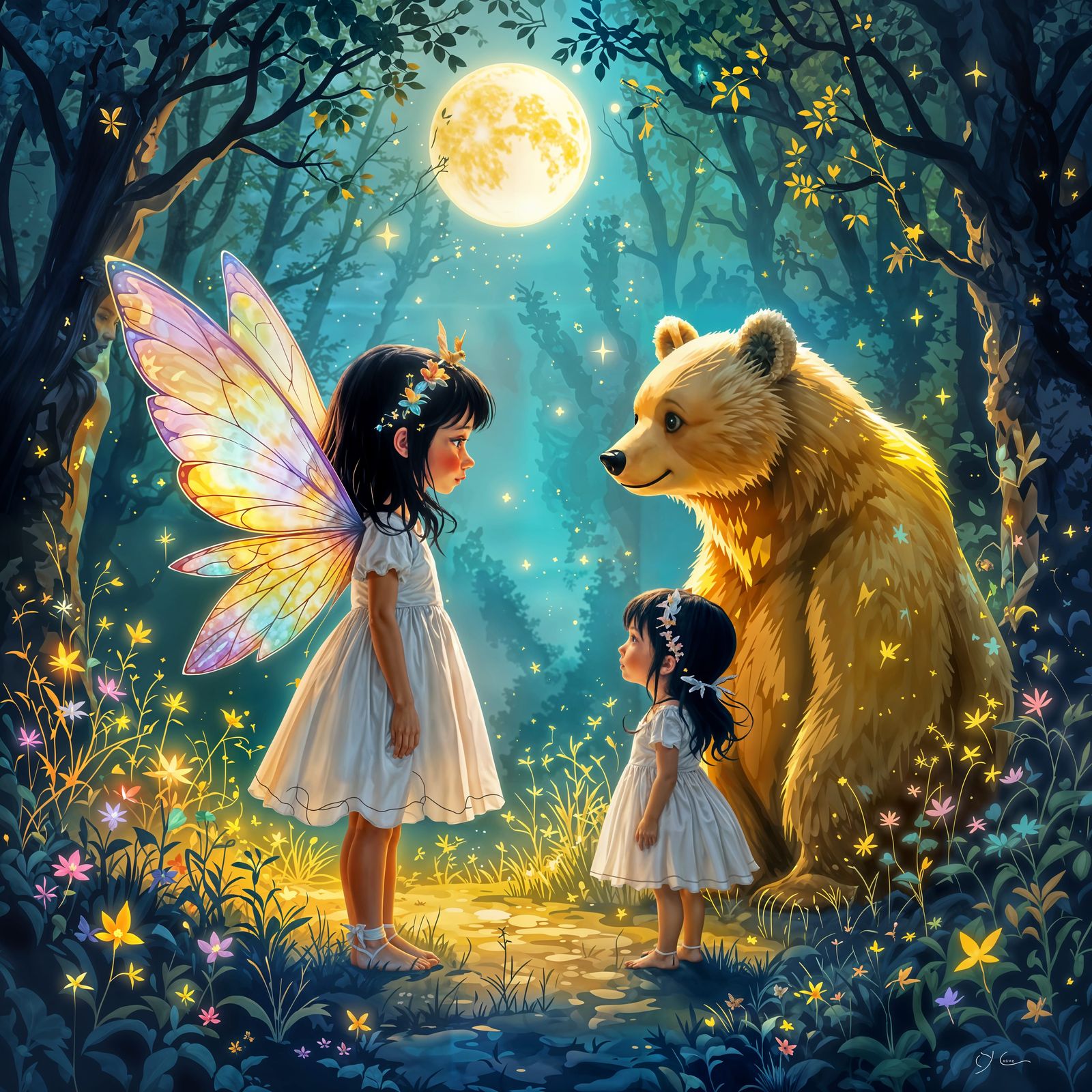 Magical Forest Encounter: Girls and Golden Bear