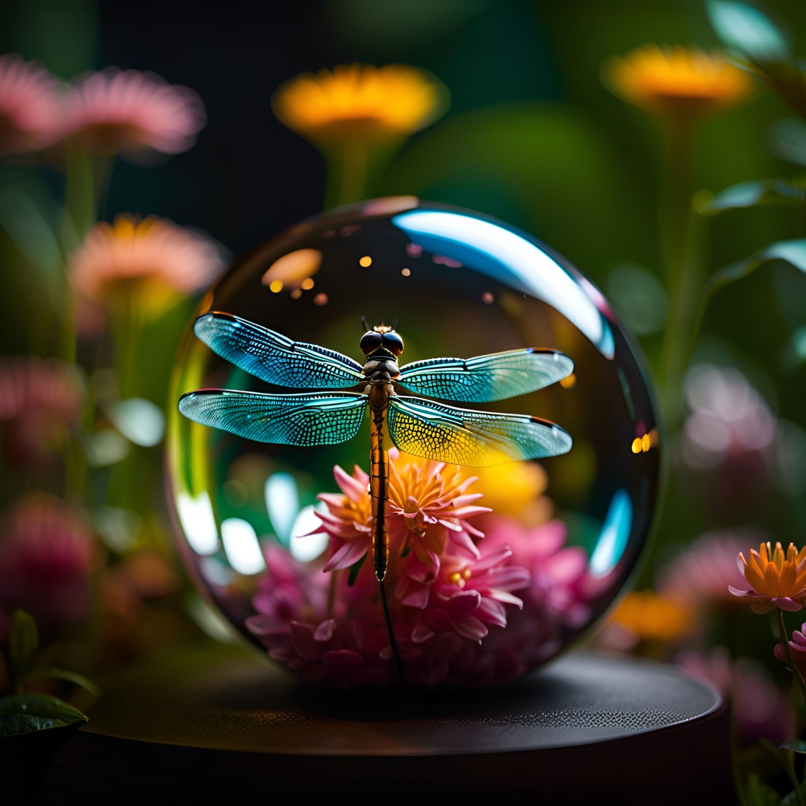Dragonfly in Glass Sphere with Floral Surround