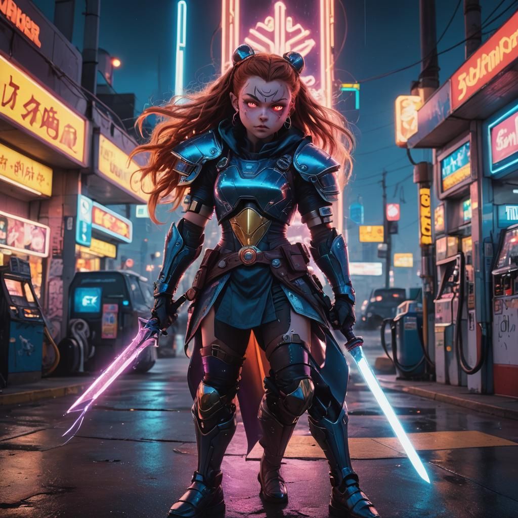 Dwarf Fighter in Cyberpunk Sailor Moon Gas Station