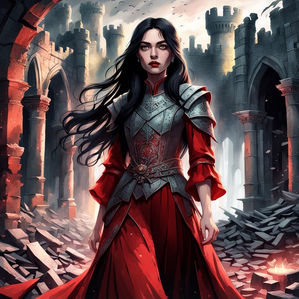 Woman in Red Gown Amid Castle Ruins: Cel-Shaded Anime
