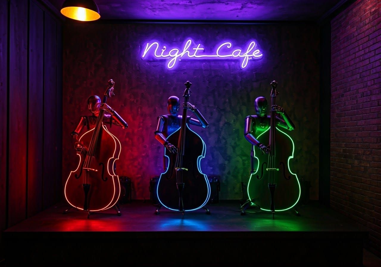 Double Basses in Neon Lit Night Cafe Scene