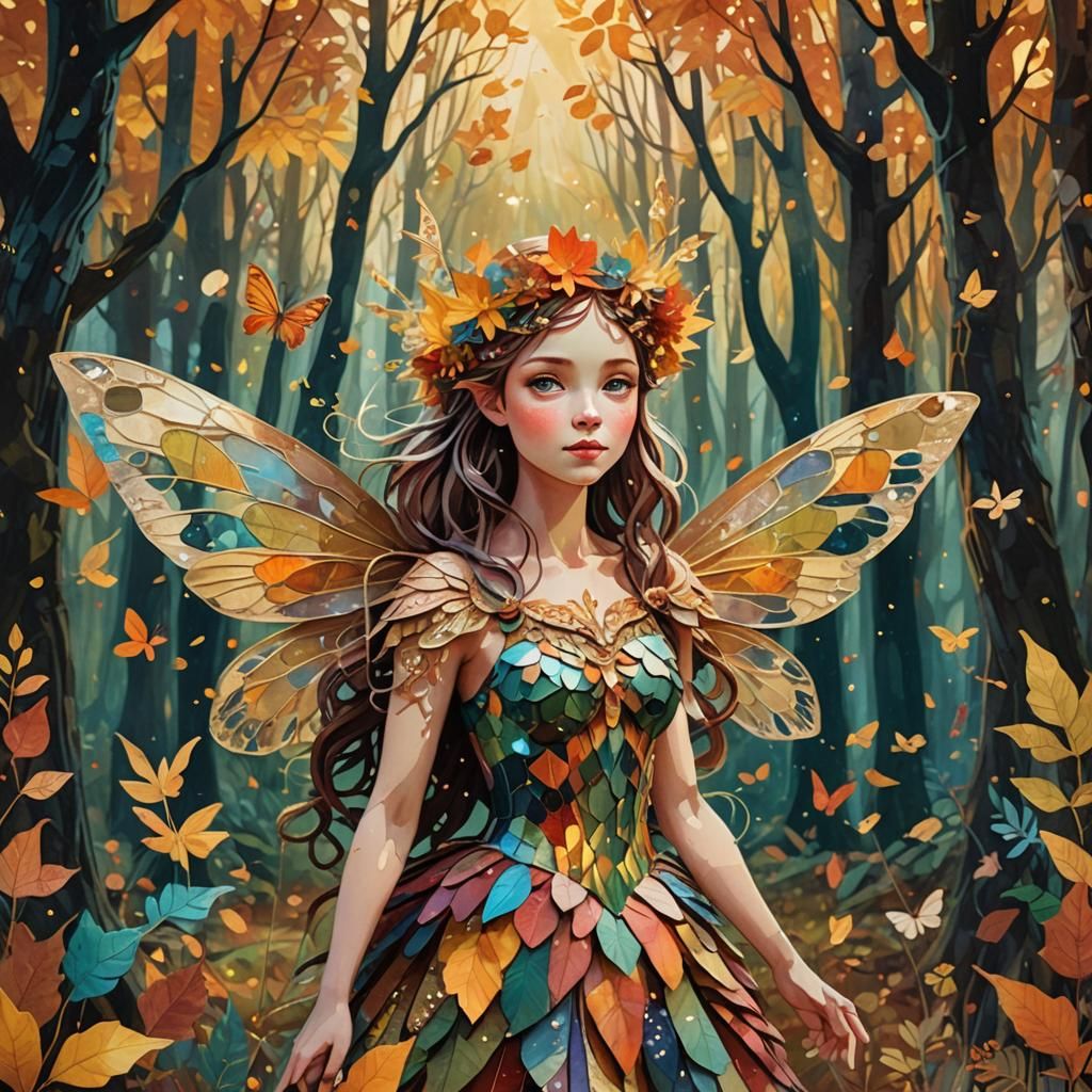Fairy in Autumn Forest Paper Collage Art