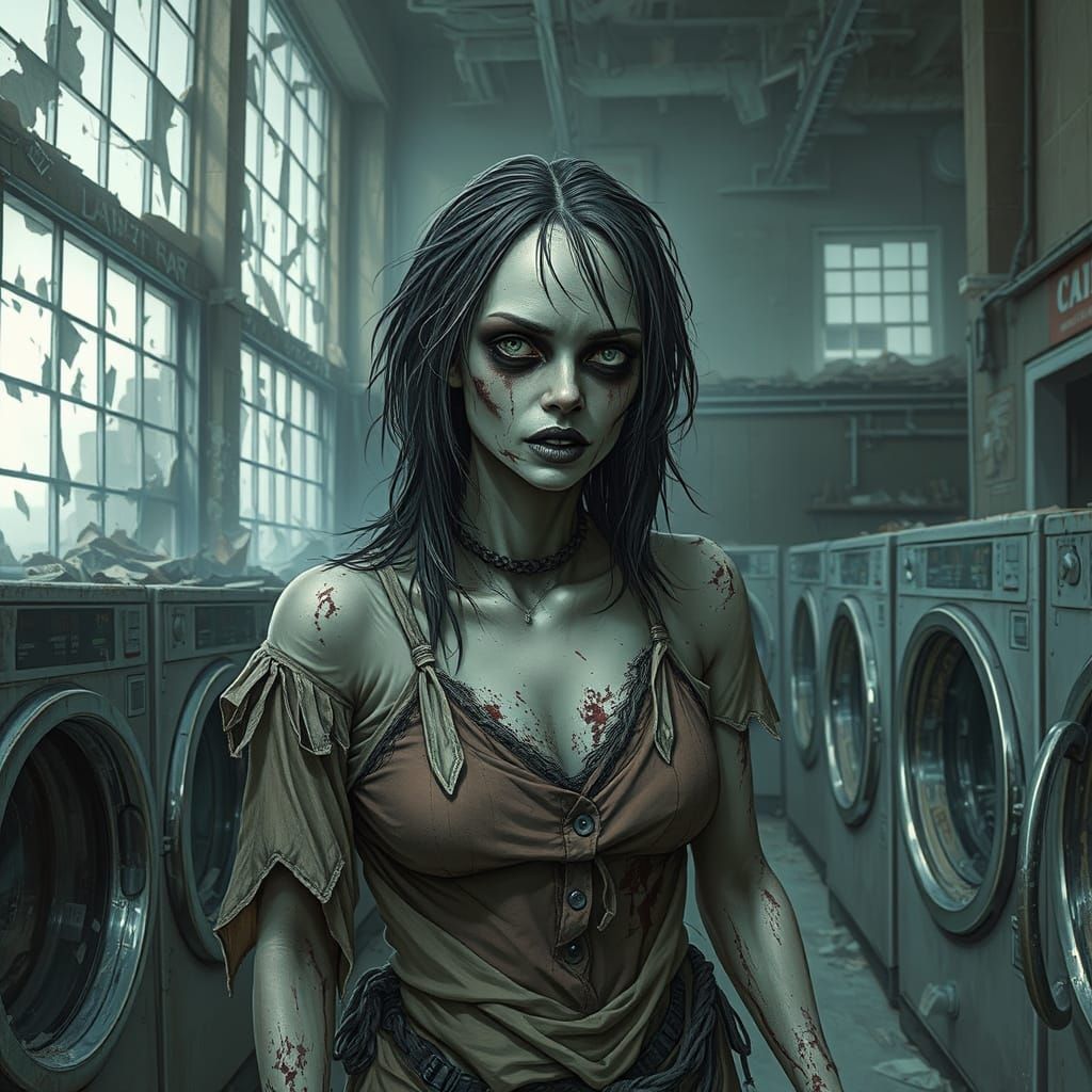 Zombie Woman in Apocalyptic Laundromat, Dark Fantasy Style