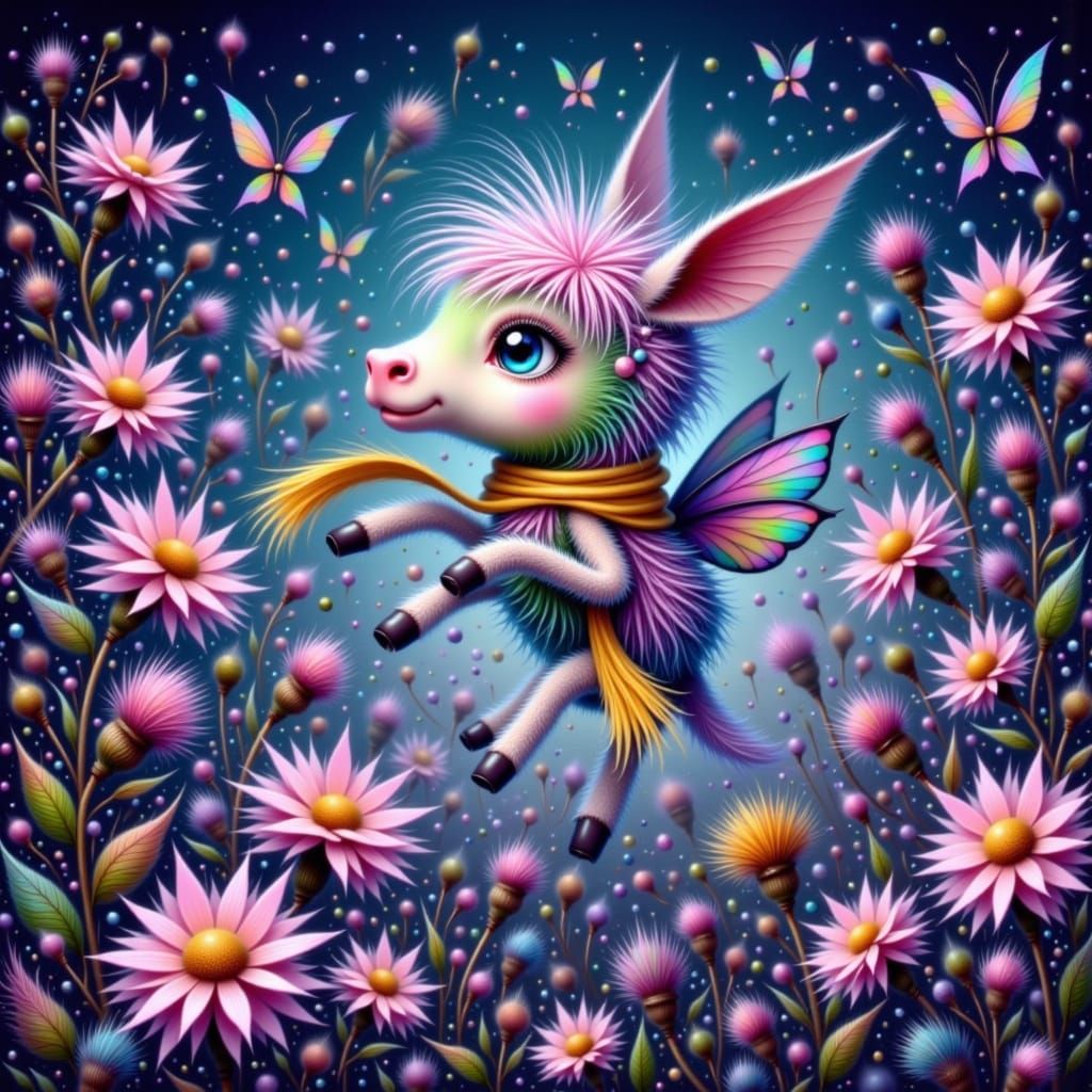 Happy Animal Character in Sunny Meadow, Whimsical Illustrati...